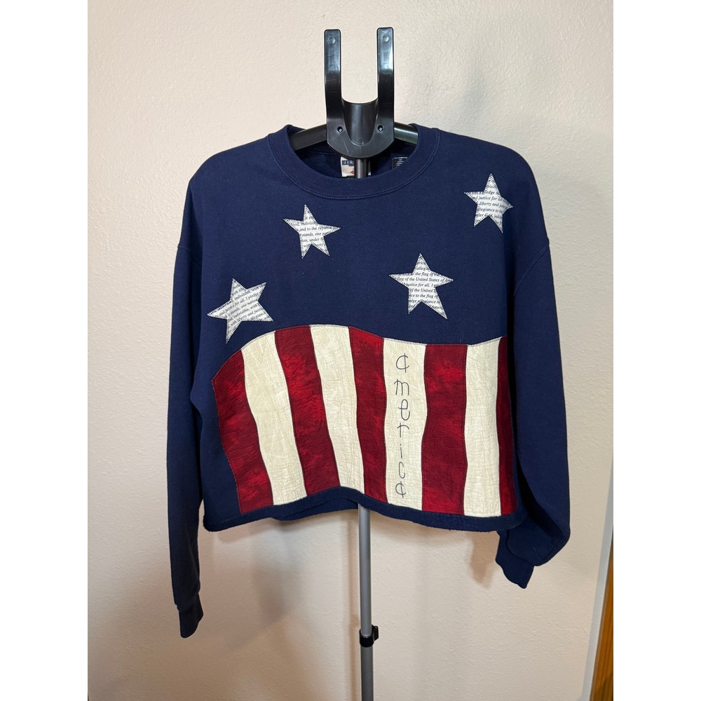 Jerzees NuBlend Navy American Flag Cropped Sweatshirt Stars America Large